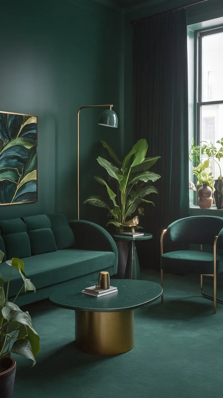 The small dark green living room showcases a stylish green accent couch and gold-framed pieces, creating a warm and inviting atmosphere.