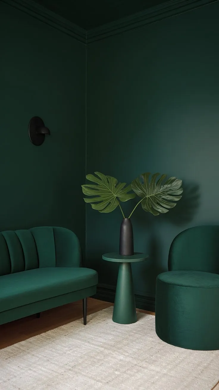 The dark green cozy living room features a harmonious blend of dark forest green decor, including a chic green accent couch and inviting furnishings that create an intimate atmosphere.