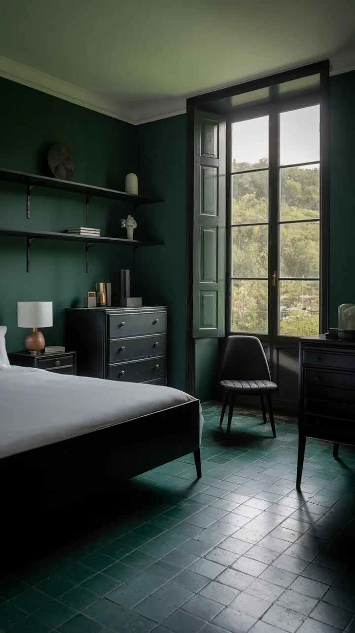 This bedroom masterfully blends deep emerald tones and sleek black furnishings with bright white accents and a lush green view, crafting a serene sanctuary of refined simplicity.