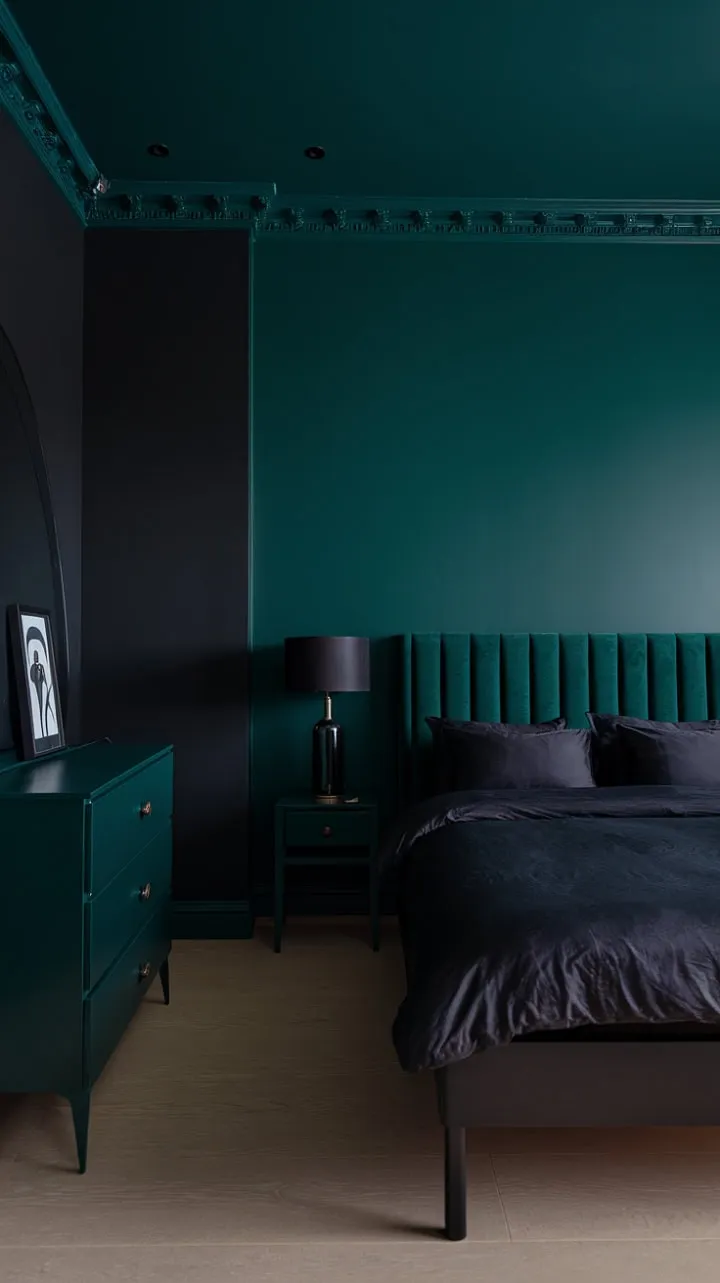 Immerse yourself in a captivating retreat where dark green walls and black accents create a dramatic elegance, complemented by light wood floors and a personalized touch.