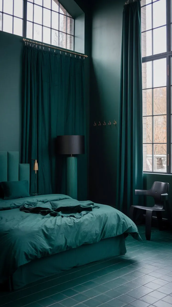 Nestled in emerald tranquility, this sanctuary exudes serene mystery and understated elegance, where shadows play amidst deep green hues and sleek black accents.