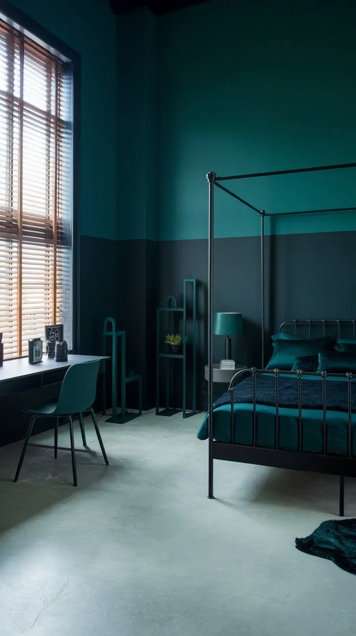 In this serene sanctuary, deep emerald walls and sleek black accents intertwine under soaring ceilings, crafting a moody yet inviting retreat.