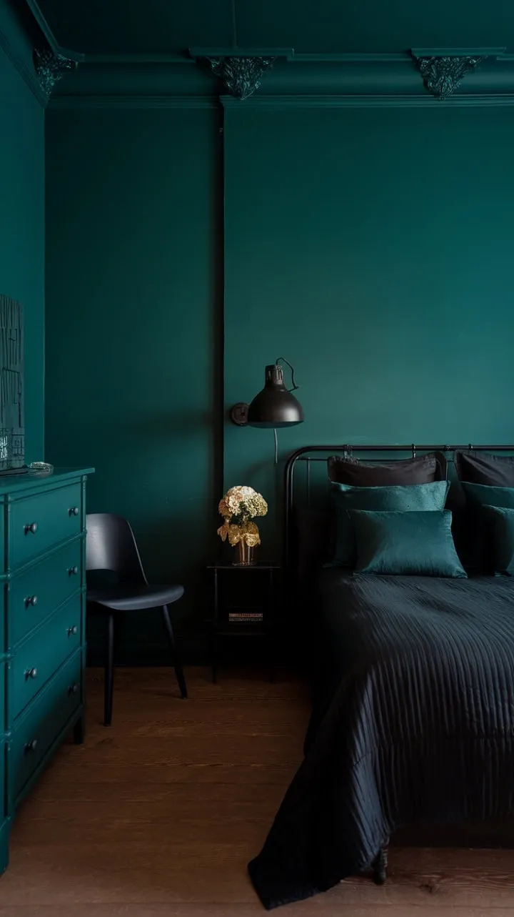 Step into a moody sanctuary of deep greens and brooding blacks, where rich textures and soft lighting invite serene contemplation and restful slumber.