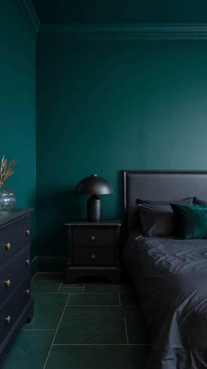 This deep green bedroom, adorned with striking black accents, offers a luxurious and serene sanctuary for the soul.