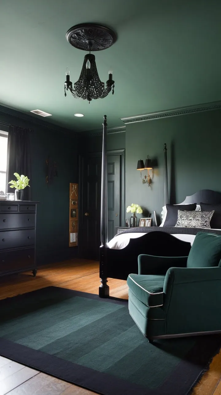 This bedroom, with its dark green walls and elegant black accents, exudes a luxurious yet mysterious ambiance, perfect for serene contemplation.