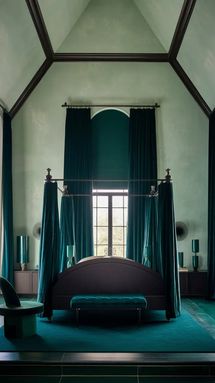 In a lush sanctuary of emerald and black, whispers of secrets and shadows invite serene slumber in a luxurious haven of contemplation.