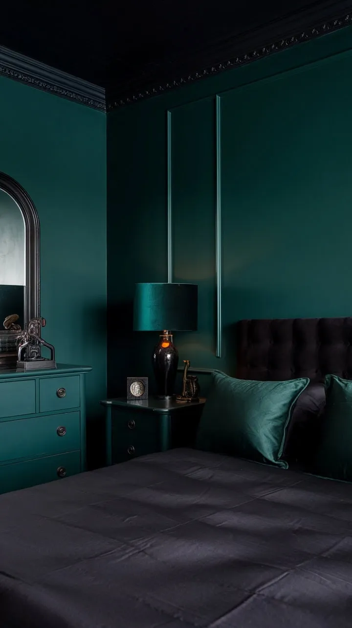 Step into a moody sanctuary of deep greens and blacks, where plush comforts and soft lighting invite you to indulge in serene sophistication.