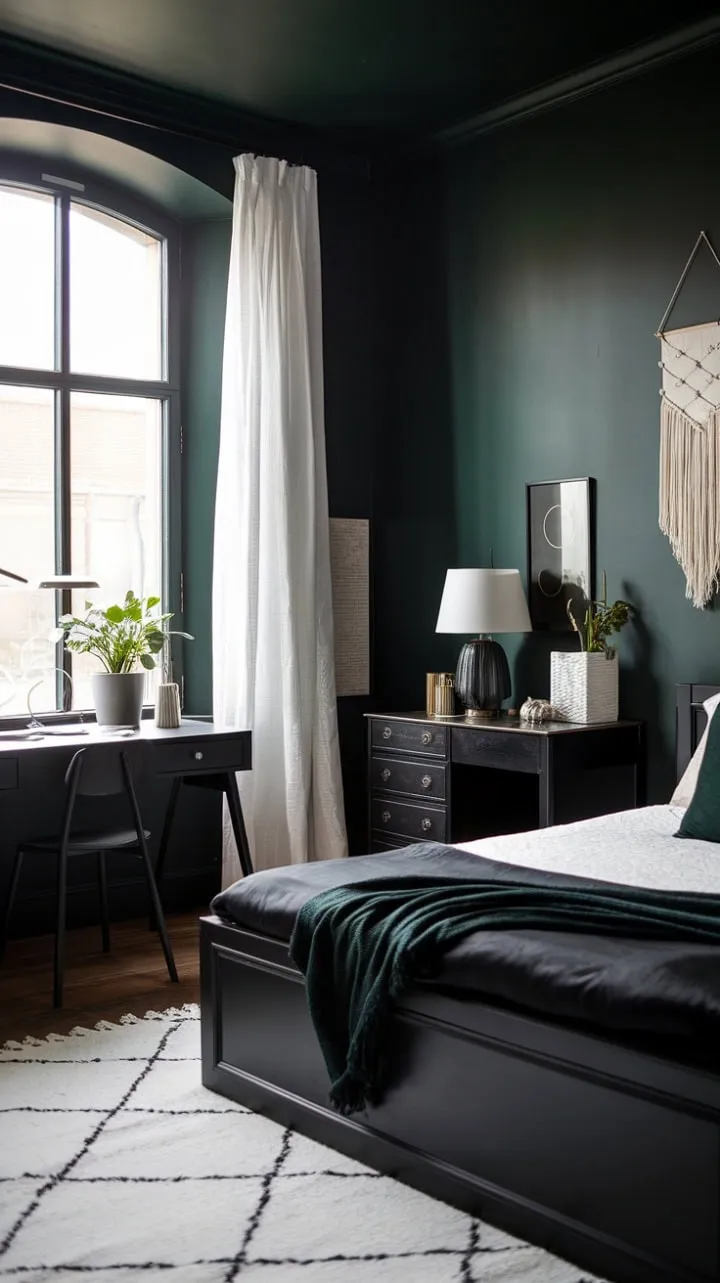 This bedroom masterfully balances deep green and black with white accents and natural light, showcasing the beauty of contrast in design.