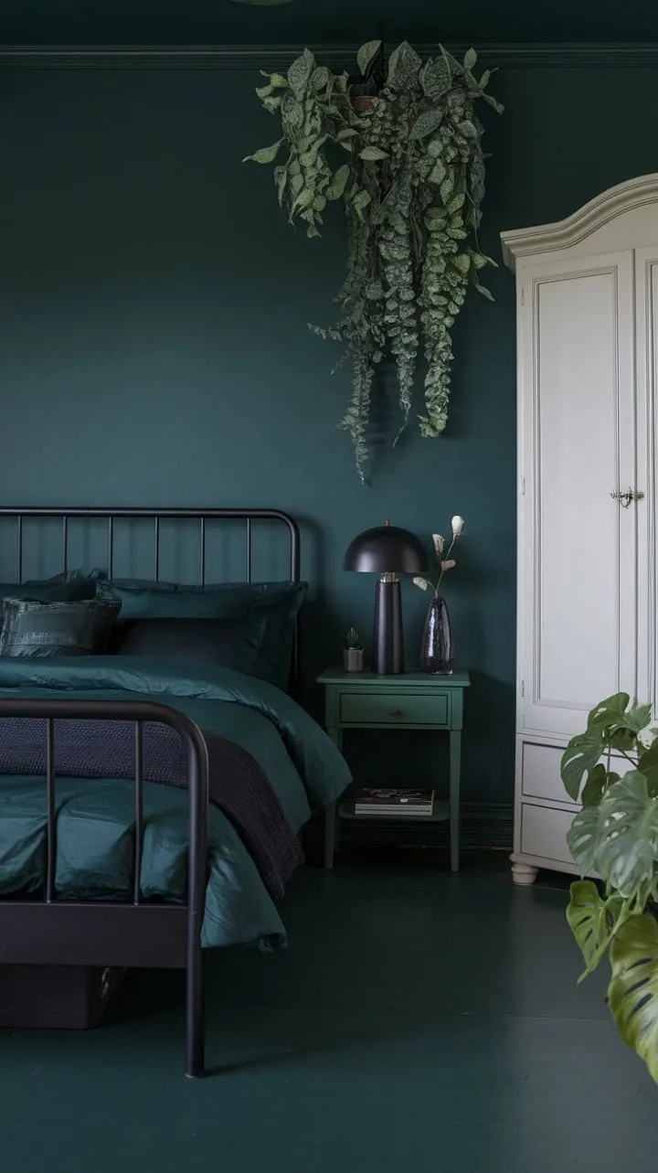In this moody bedroom, serene deep green walls and bedding harmonize with bold black accents, creating a quietly elegant space that showcases the art of color curation.