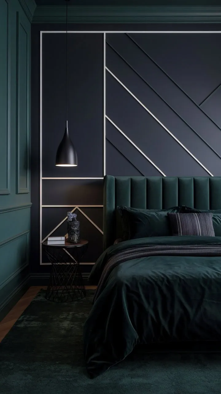 This moody bedroom masterfully blends rich textures and deep jewel tones with dark accents to create a dramatic yet inviting atmosphere of quiet luxury.
