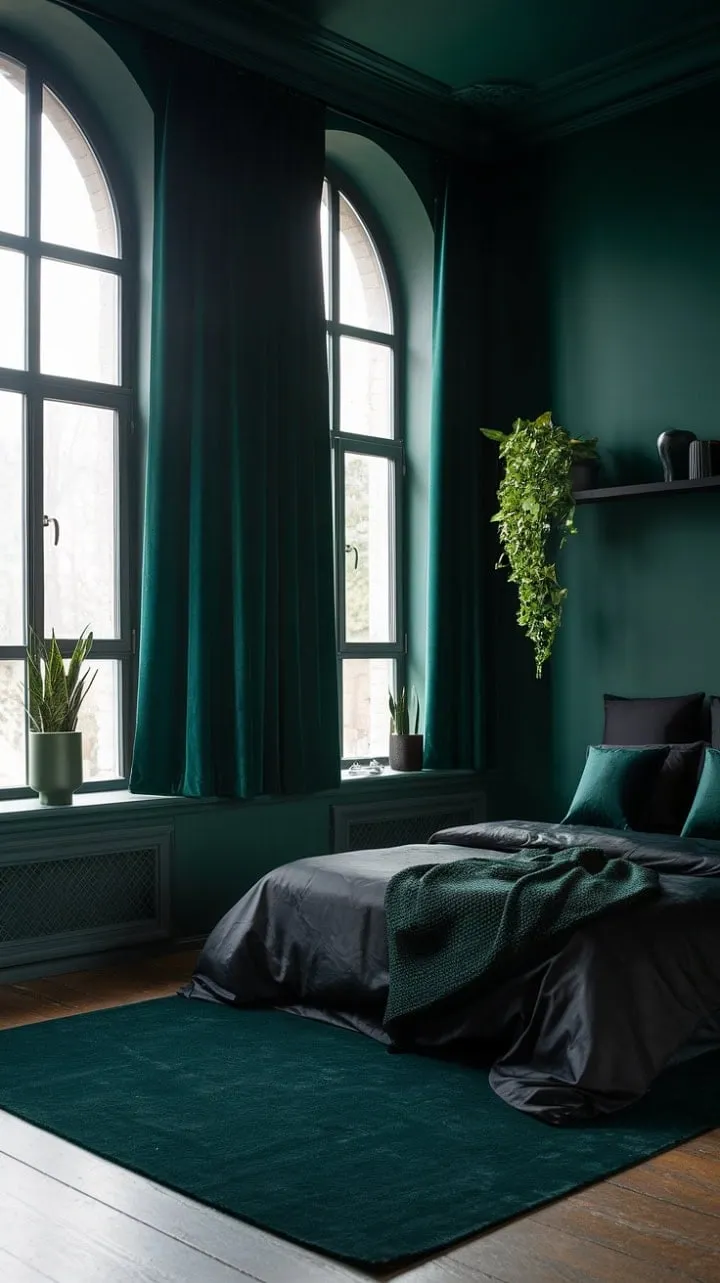 Experience the luxurious tranquility of this moody sanctuary, where deep greens and blacks harmonize under lofty ceilings and filtered light, embodying understated elegance.