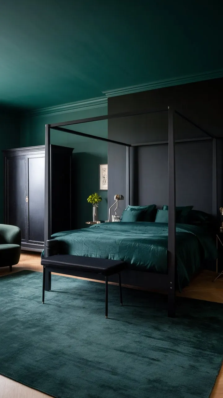 Step into a luxurious retreat where deep greens and blacks envelop you in sophisticated comfort, highlighted by a majestic four-poster bed that beckons for restful slumber and serene reflection.