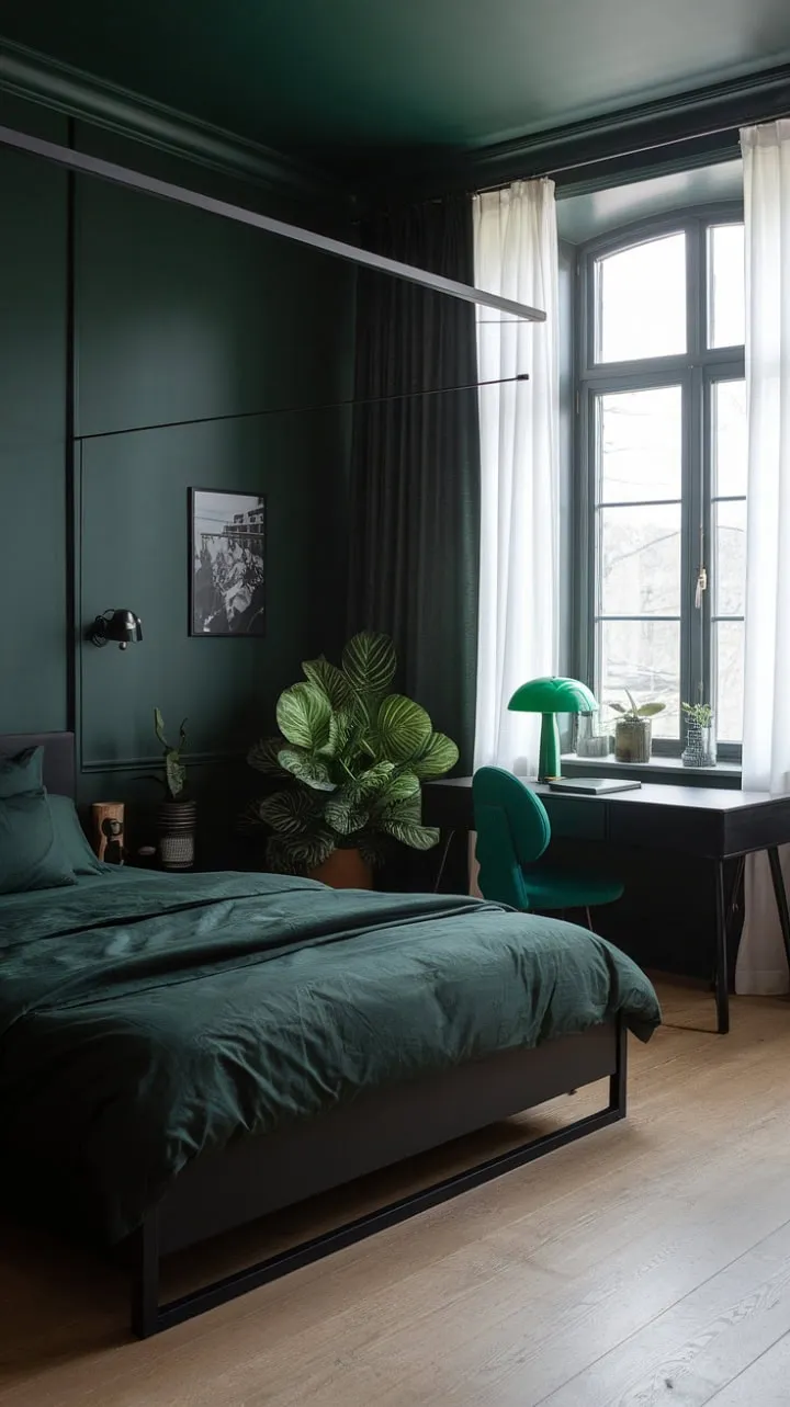 This moody green bedroom masterfully combines rich hues with black and white accents to evoke a sophisticated yet serene ambiance.