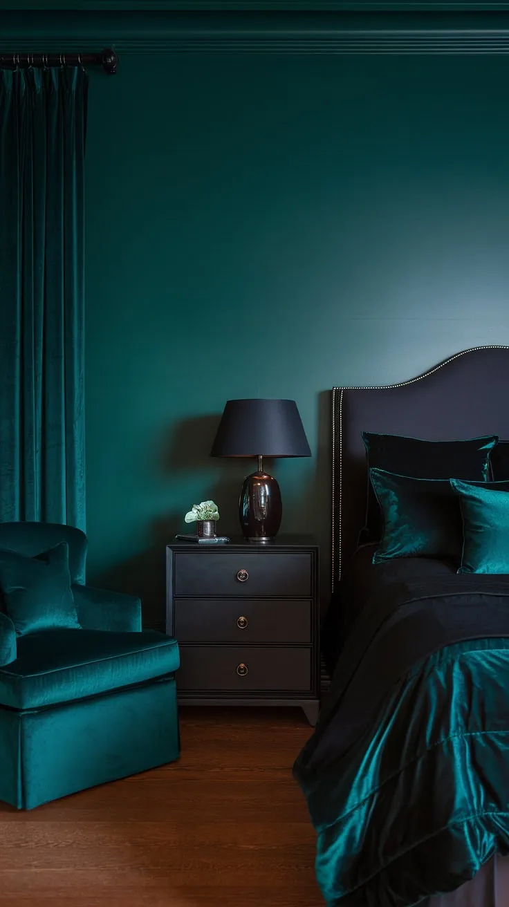 Transform your space with dark green bedroom ideas that showcase a moody atmosphere through black and dark green decor, featuring a dark green wall and stylish furniture.