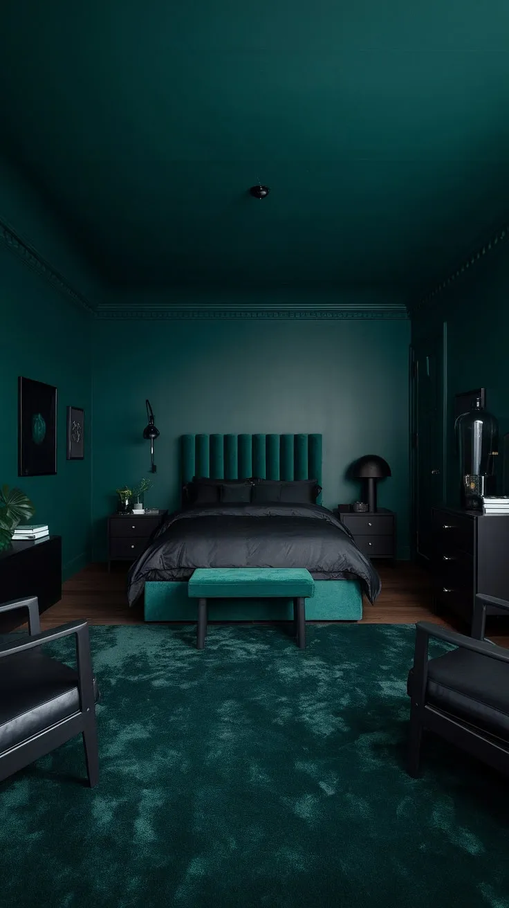 The dark green rooms come alive with a low ceiling, a single overhead light, and carefully chosen decor, making it an inspiring example of dark green bedroom ideas.