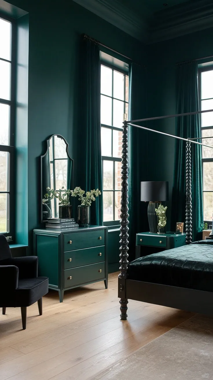 This dark green moody bedroom features black and dark green furniture, high ceilings, and large windows, creating a captivating atmosphere for dark home decor enthusiasts.