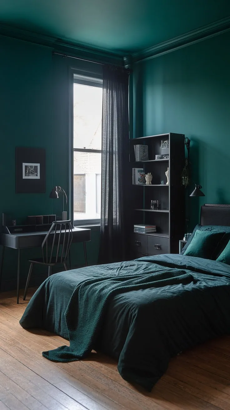 Transform your space with dark green bedroom ideas that showcase a moody atmosphere through a striking black and dark green color scheme.