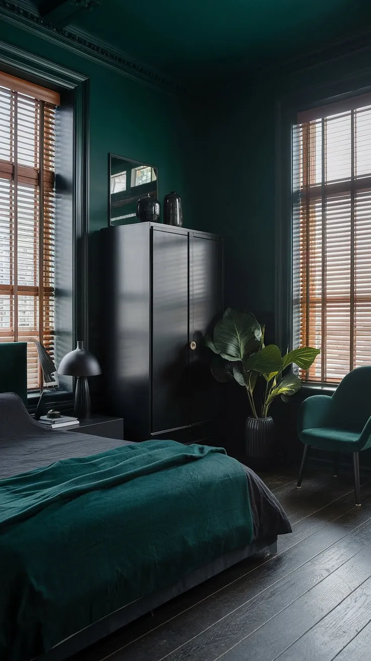 This moody dark green bedroom features a striking blend of black and dark green decor, high ceilings, and large windows, creating an inviting atmosphere perfect for dark home decor enthusiasts.