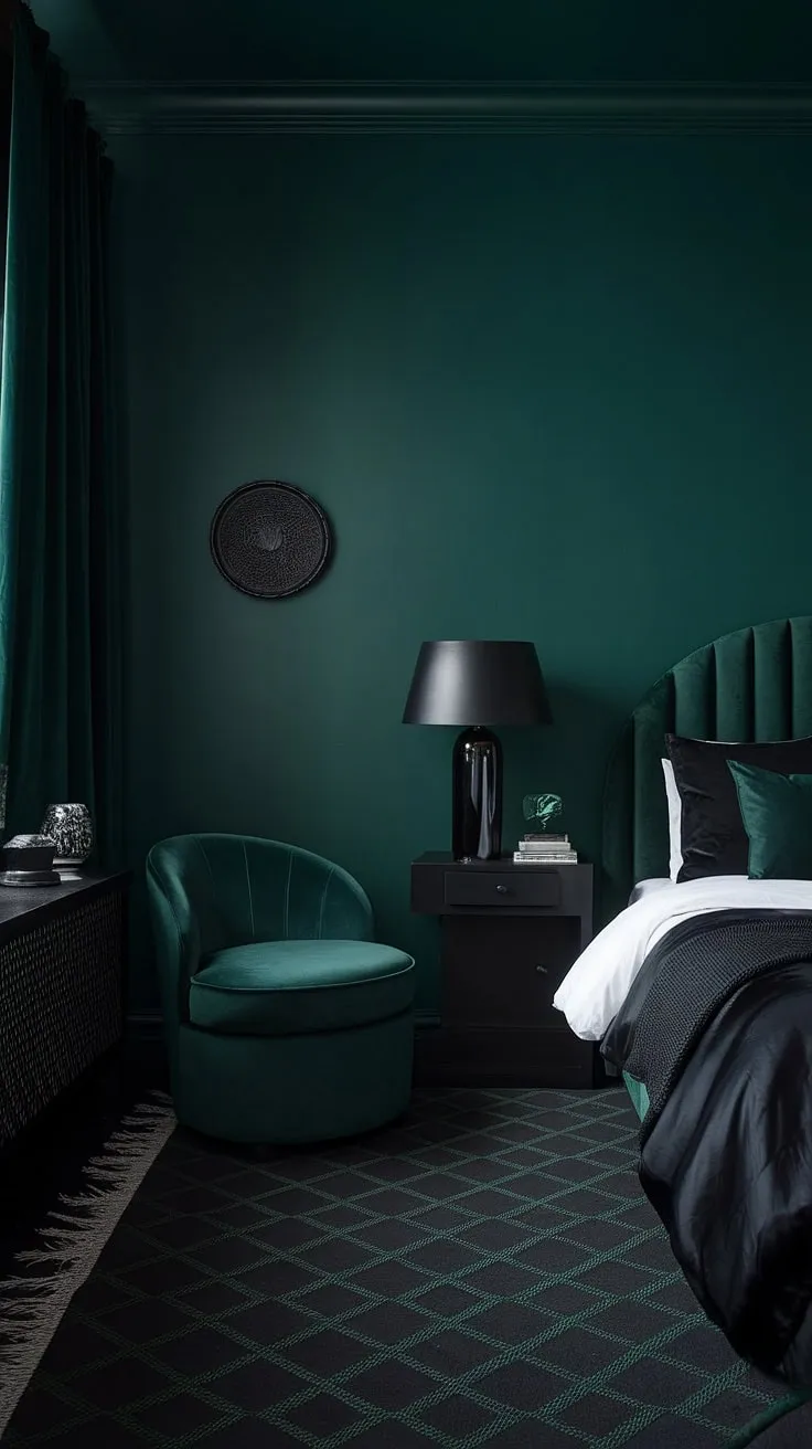 Elevate your dark green rooms with a captivating moody bedroom design, showcasing a harmonious blend of black and dark green elements for a chic atmosphere.