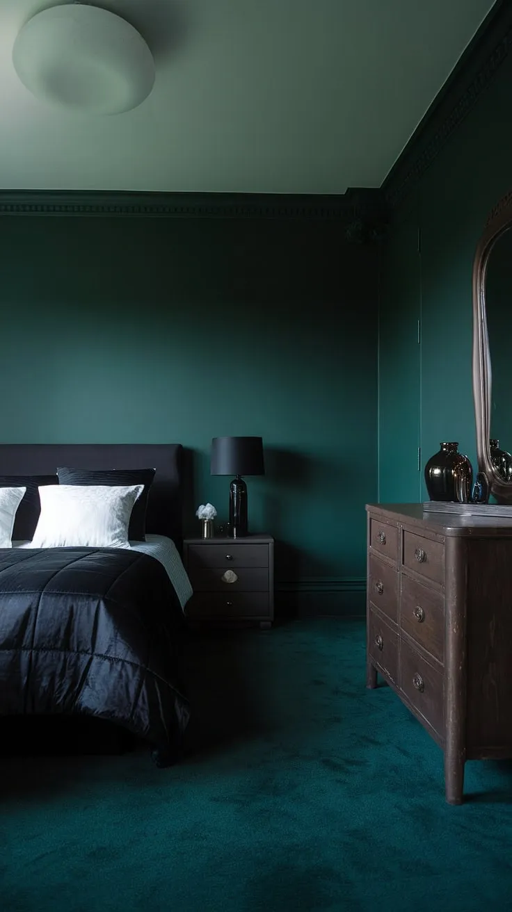 Transform your space with dark green bedroom ideas that create a moody atmosphere, featuring dark green walls, a black bed, and stylish dark home decor.