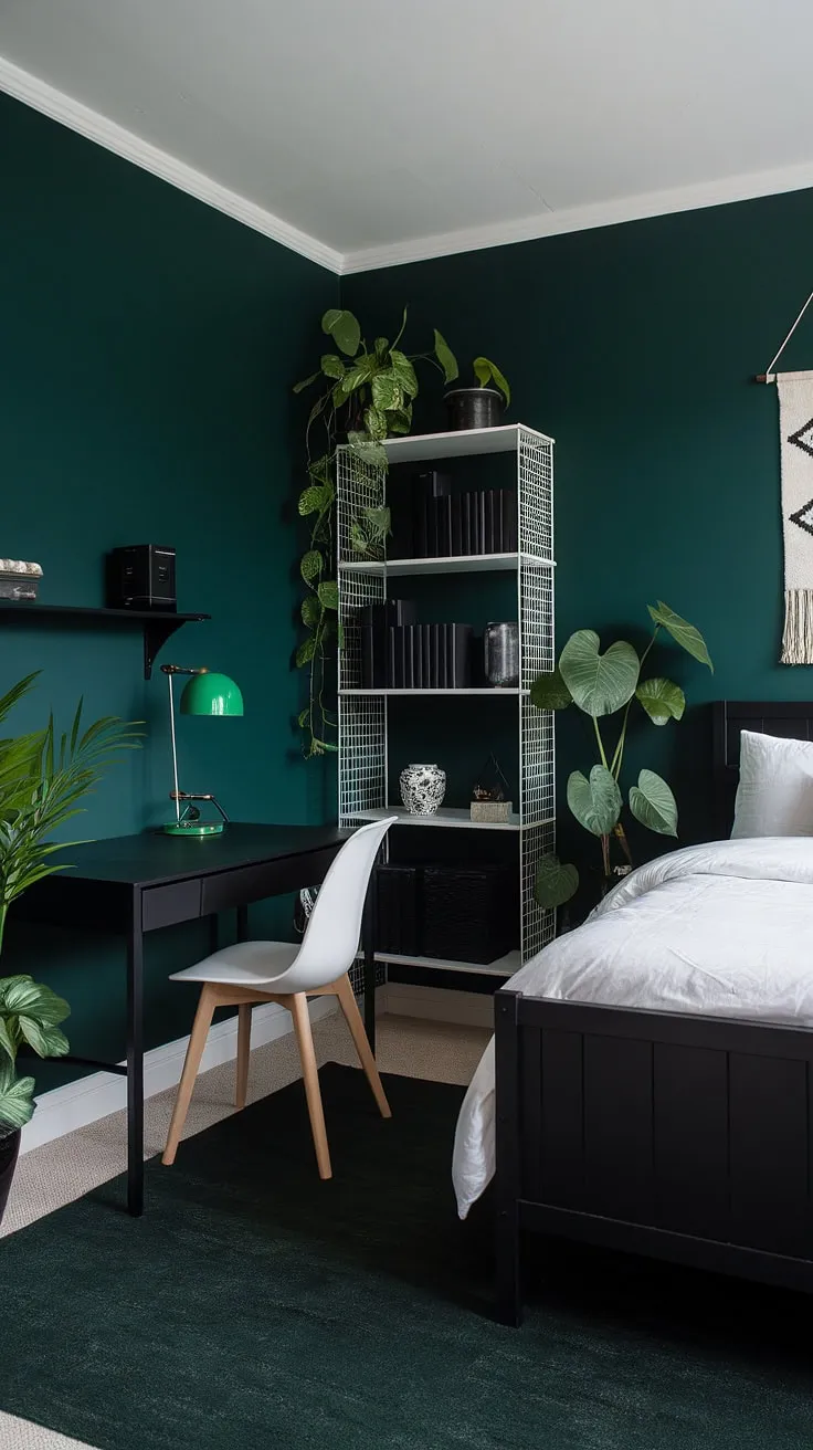 This dark green moody bedroom showcases a perfect balance of black and white elements, creating an inviting atmosphere filled with dark green rooms inspiration.