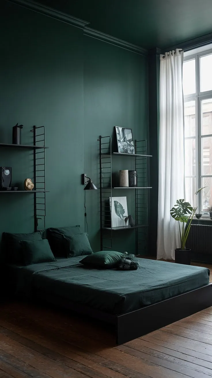 The combination of dark green and black in this moody bedroom, accented by natural light and decorative touches, offers inspiring dark green bedroom ideas for a chic and inviting space.