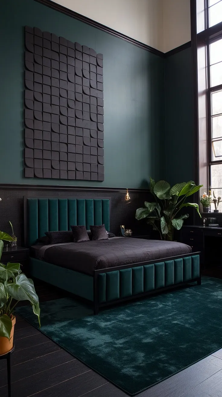 This dark green moody bedroom features a striking black and dark green color scheme, highlighted by a king-size bed, geometric artwork, and soft lighting, making it an ideal inspiration for dark green bedroom ideas.