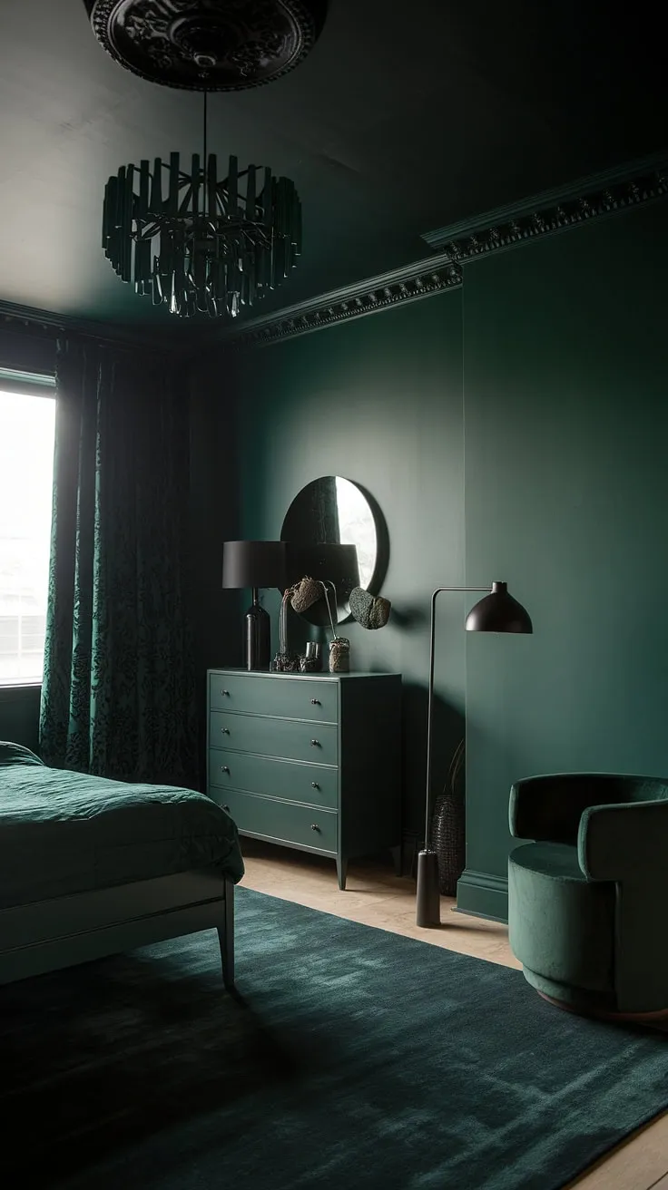 With its dark green walls, black ceiling, and an array of dark green furniture, this moody bedroom showcases stunning dark green bedroom ideas for a dramatic atmosphere.