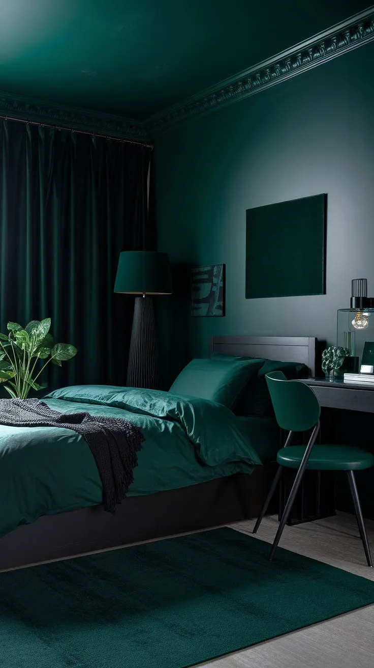 Elevate your home decor with a dark green moody bedroom that combines a black bed frame, dark green bedding, and chic accents for a sophisticated look.