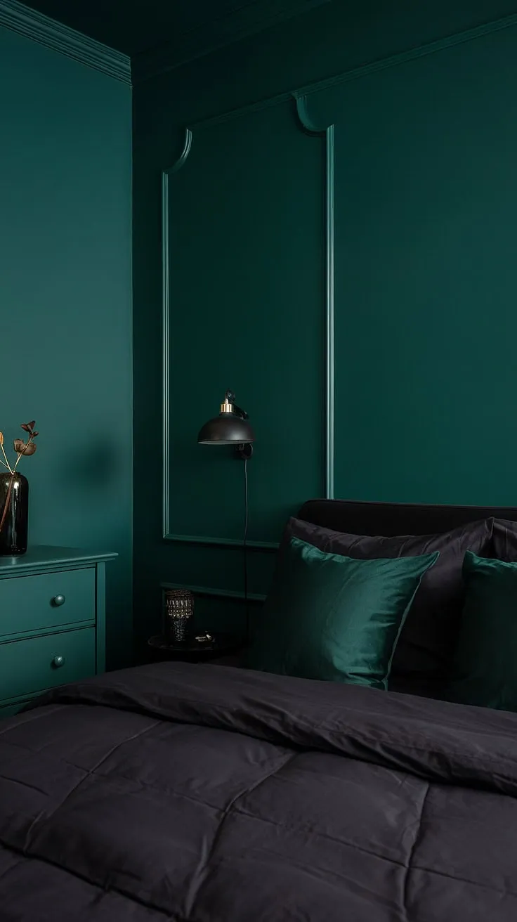 This dark green moody bedroom showcases a perfect blend of black and dark green elements, offering inspiring dark home decor ideas for a captivating retreat.