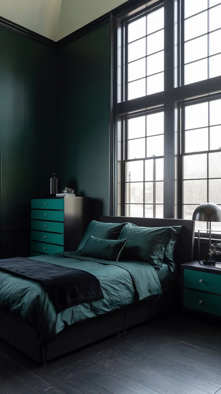 The dark green bedroom ideas come to life in this moody space, showcasing a black bed, dark green accents, and elegant hardwood flooring.