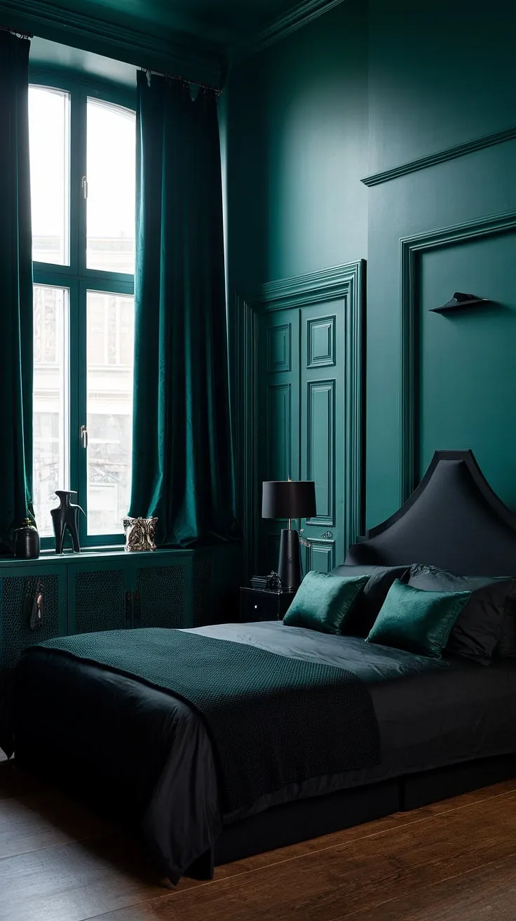 This dark green moody bedroom showcases a striking black and dark green color scheme, featuring high ceilings, dark green curtains, and coordinated decor that perfectly embodies dark home decor.