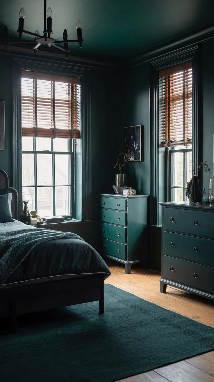 With its dark green walls, black bed, and wooden accents, this moody bedroom showcases stunning dark green rooms that inspire elegant dark home decor.