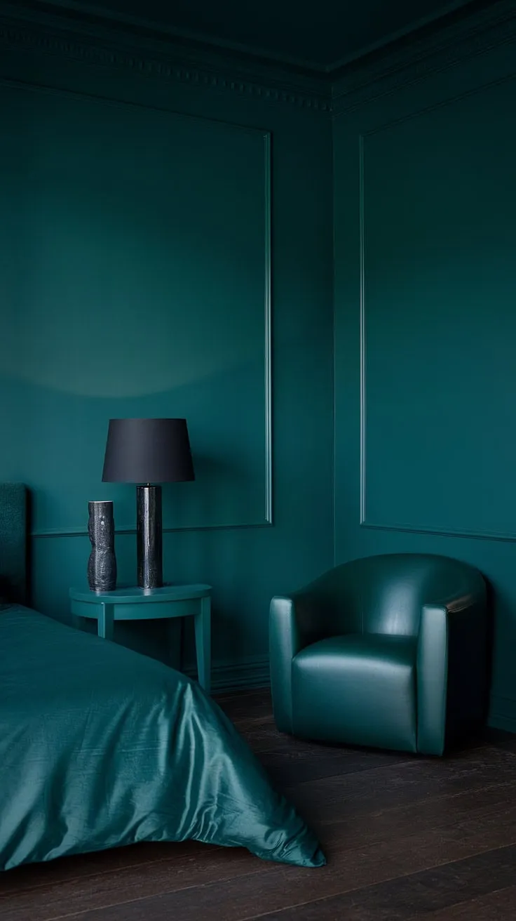 This dark green moody bedroom features a harmonious blend of dark green walls, furniture, and decor, accented by a black lampshade and a cozy dark green armchair, creating a perfect example of dark home decor.