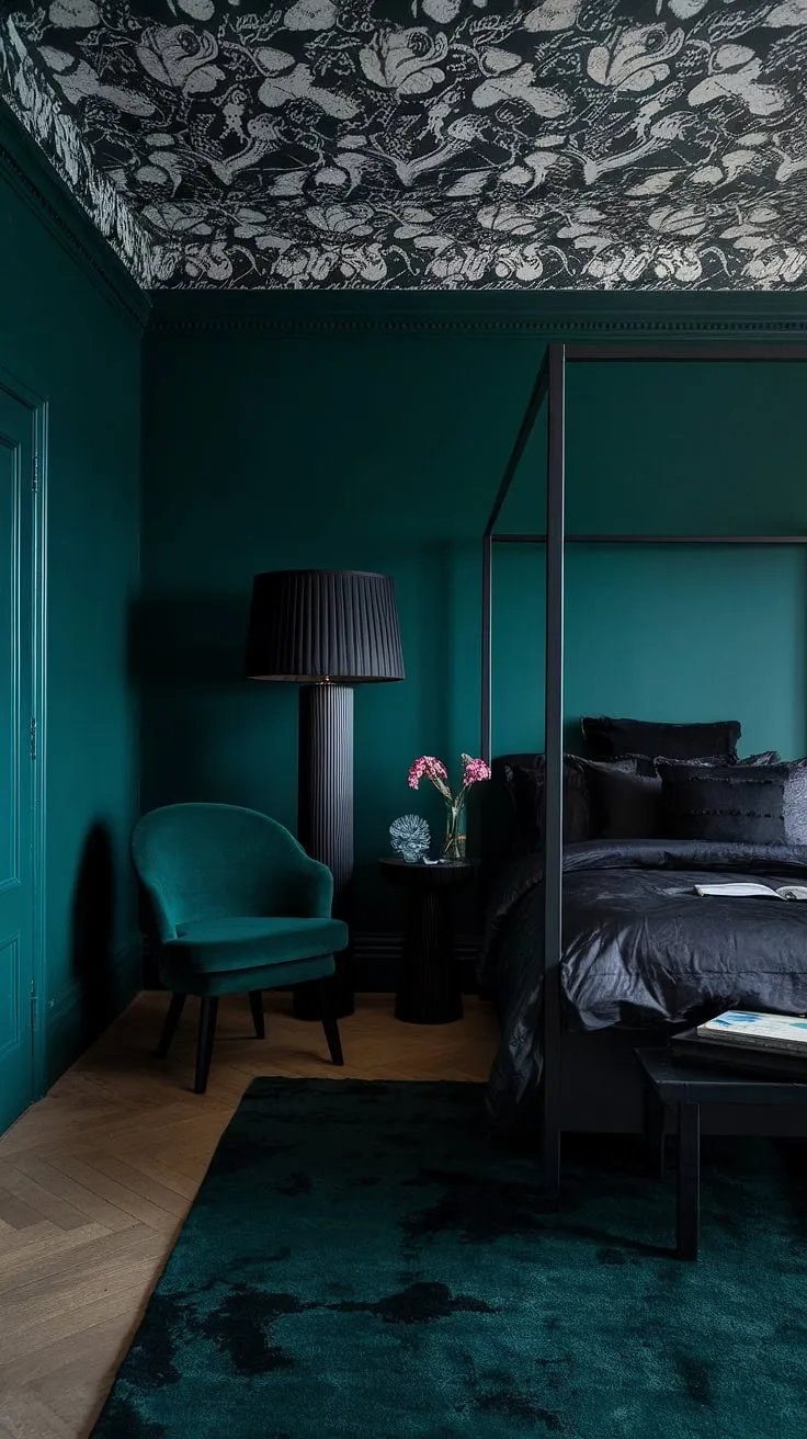 This dark green moody bedroom features black accents, including a sleek bed frame and patterned wallpaper, creating a stylish and inviting atmosphere for dark home decor enthusiasts.