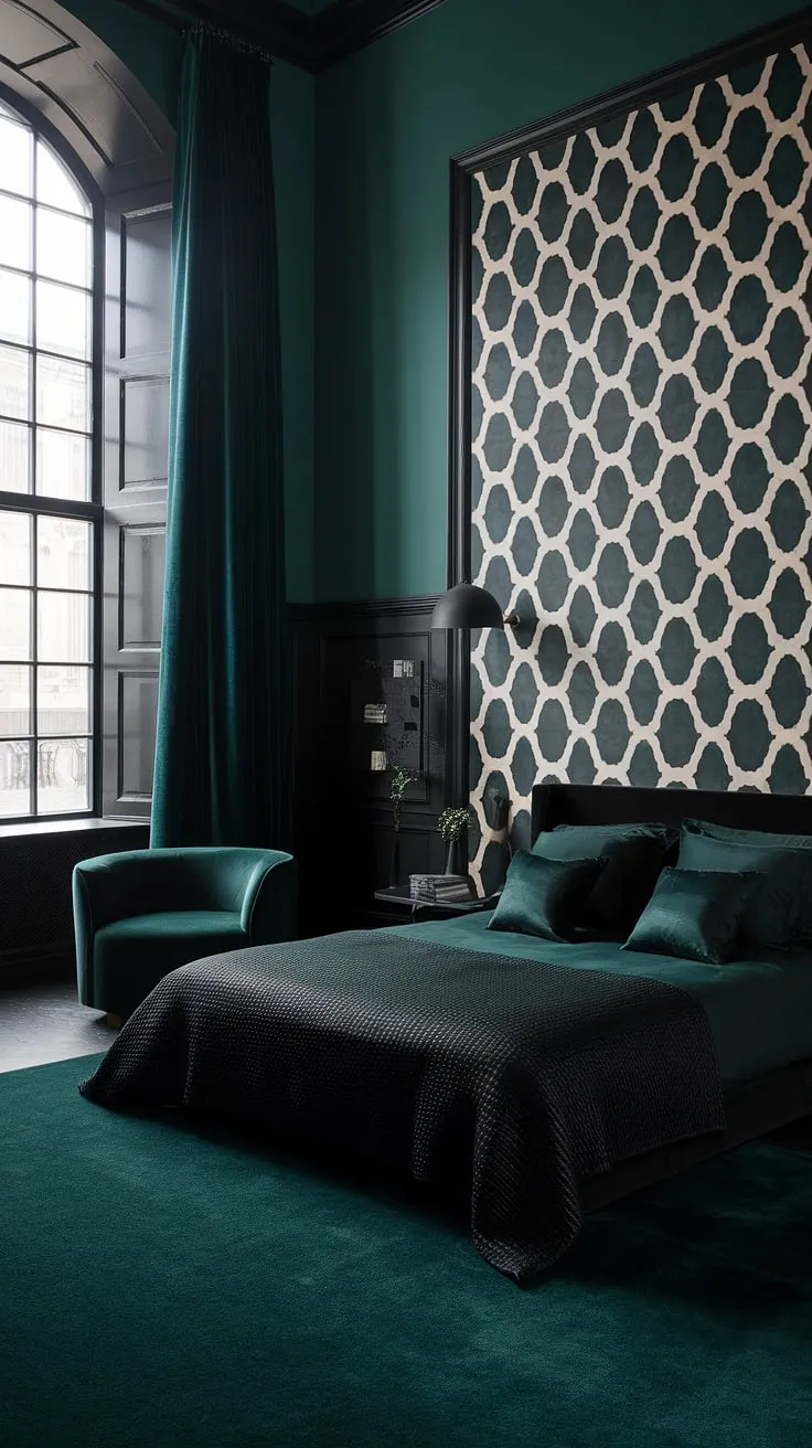 Discover dark green bedroom ideas that transform your space into a moody sanctuary with black and dark green decor, high ceilings, and soft lighting.