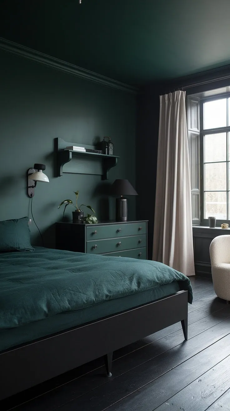 The dark green bedroom ideas come to life in this moody space, showcasing a harmonious mix of black and dark green elements that enhance the dark home decor aesthetic.