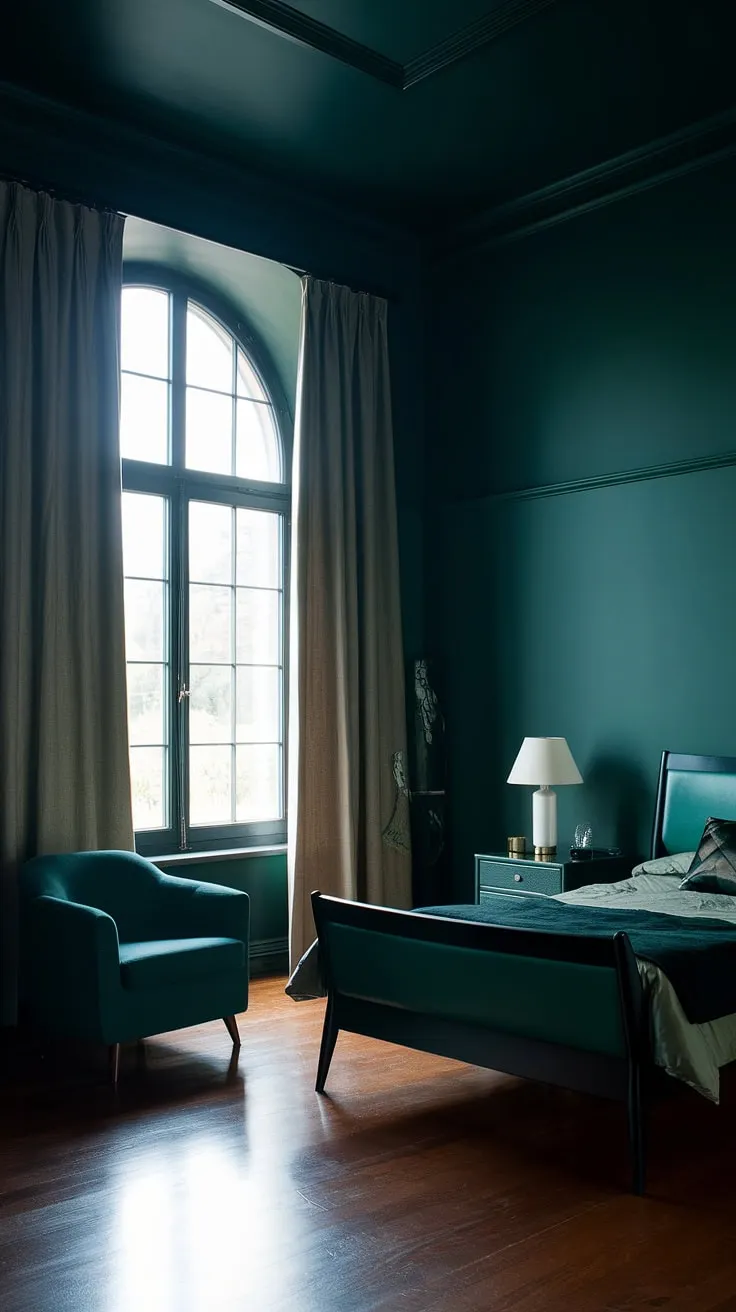 This moody bedroom features a striking dark green color scheme with a black and dark green mid-century modern bed, complemented by polished wood floors and a cozy dark green armchair.