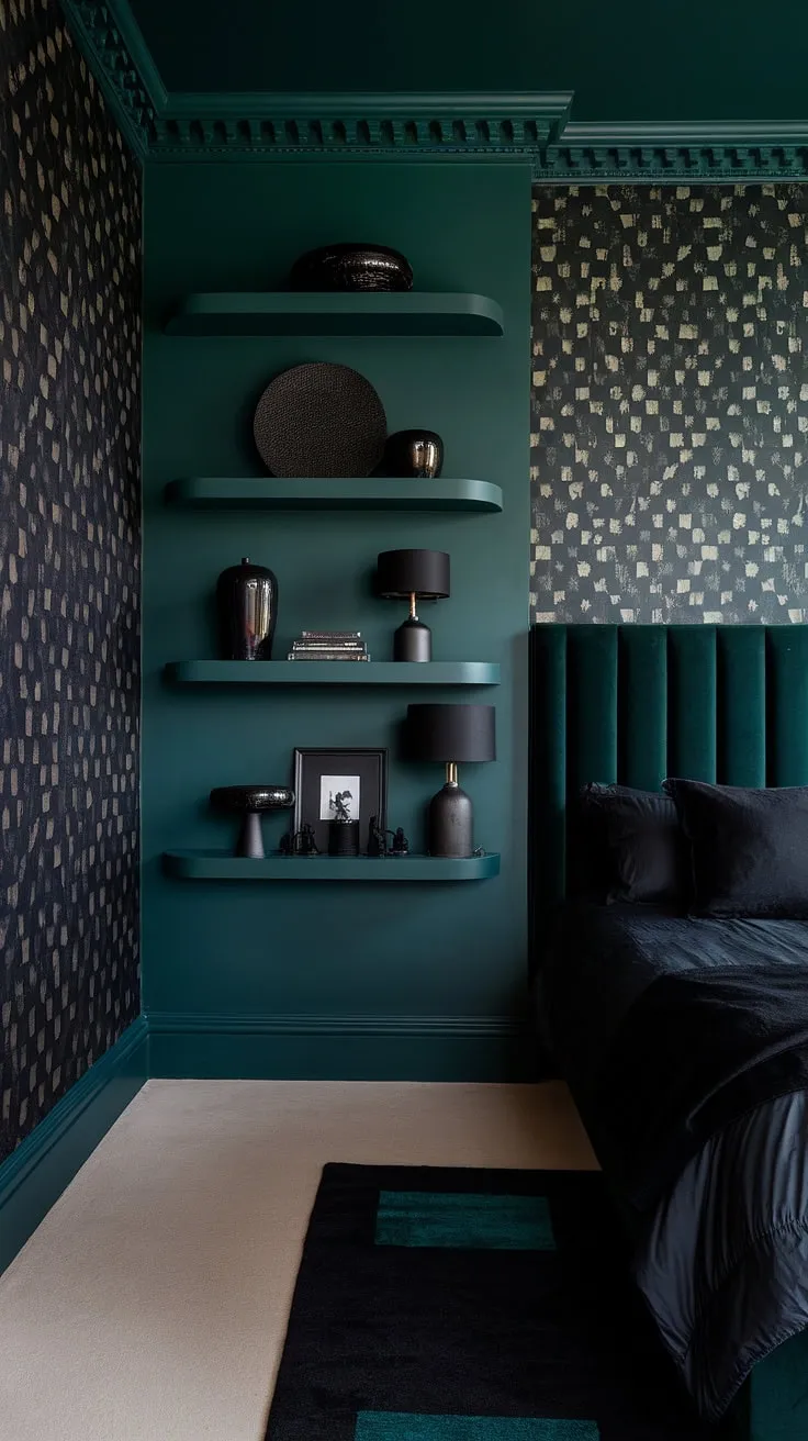 Discover dark green bedroom ideas that transform your space into a moody sanctuary with black and dark green decor, patterned wallpaper, and stylish accents.