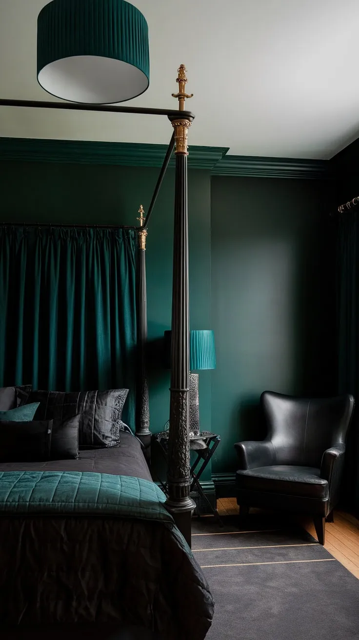 Transform your space with dark green bedroom ideas featuring a moody ambiance, highlighted by a four-poster bed with a dark green canopy and black accents.