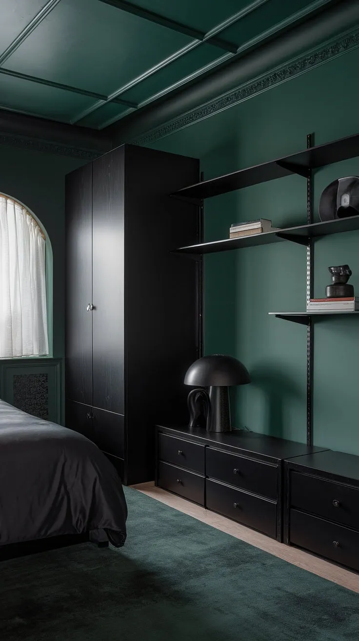 Transform your space with dark green bedroom ideas that showcase a moody atmosphere through black and dark green decor, featuring a striking dark green wall and matching furnishings.