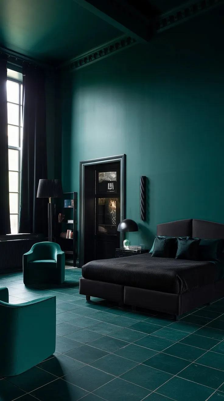 Transform your space with dark green bedroom ideas that create a moody atmosphere, featuring a striking black and dark green color scheme, high ceilings, and natural light.
