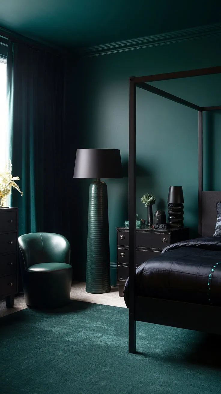 Discover dark green bedroom ideas that transform your space into a moody sanctuary with black and dark green decor, featuring a canopy bed and soft lighting.