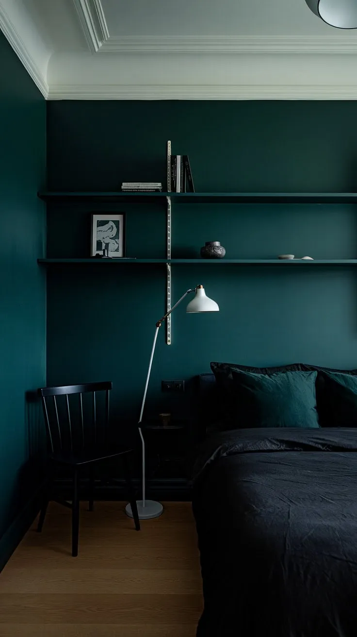 Transform your space with dark green bedroom ideas that showcase a moody black and dark green color scheme, featuring a striking dark green wall and elegant white accents.