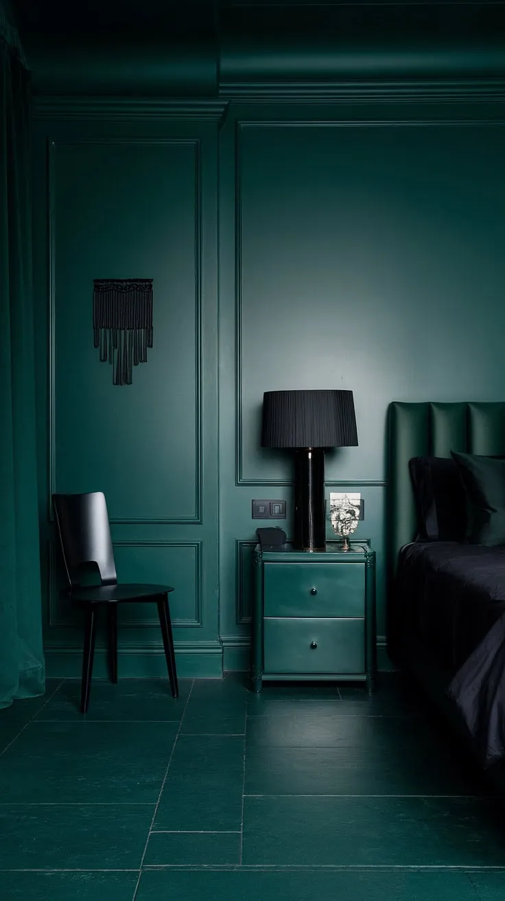 This dark green moody bedroom showcases stunning dark home decor, featuring black accents and a harmonious blend of dark green elements for a captivating retreat.