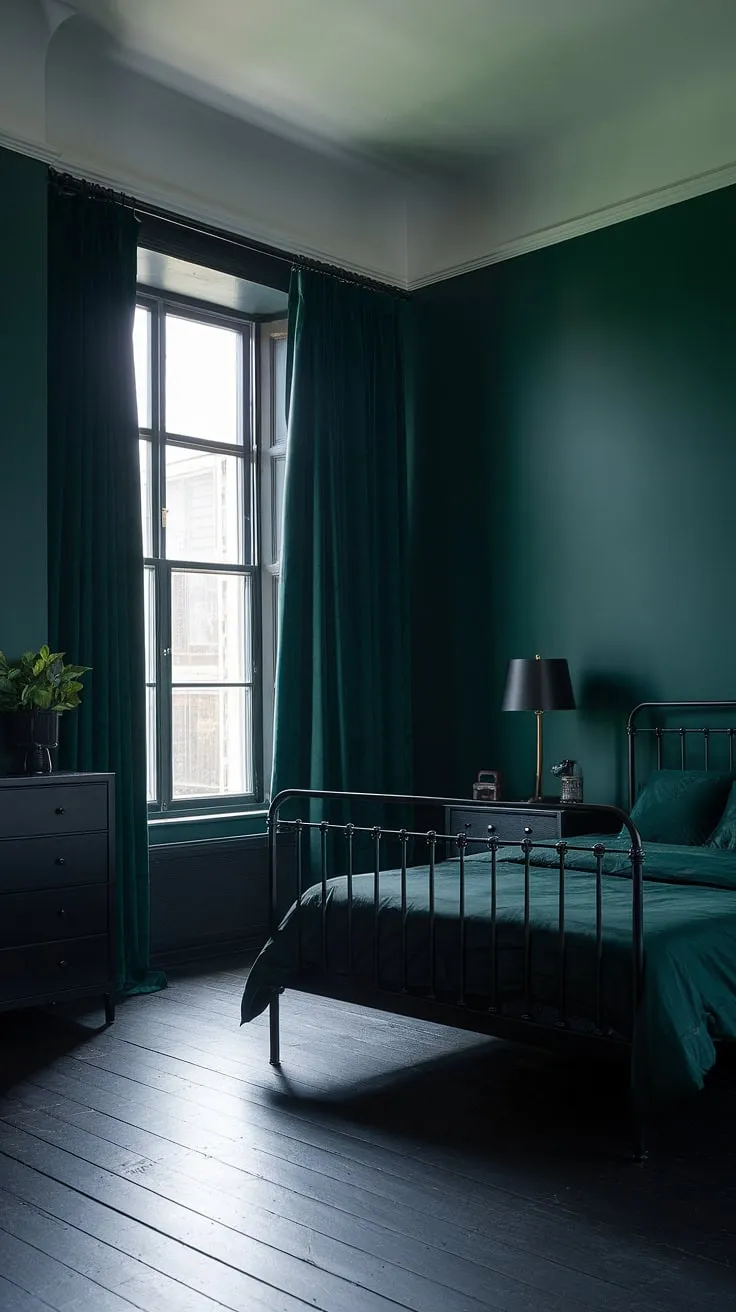 This moody dark green bedroom features a striking black and dark green color scheme, highlighted by high ceilings, dark green curtains, and elegant dark home decor.