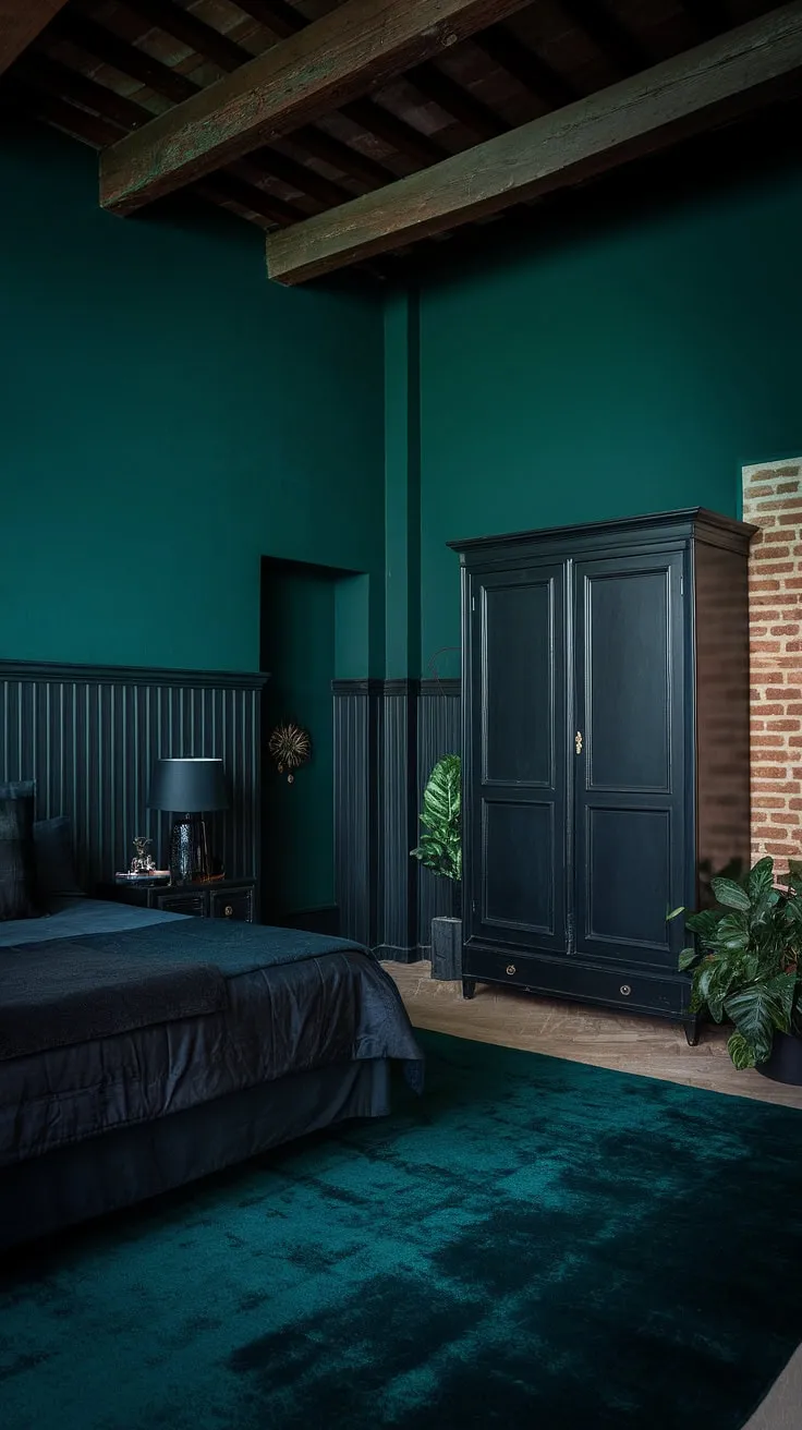 The dark green moody bedroom, adorned with black furniture and illuminated by a single light source, exemplifies captivating dark green bedroom ideas that blend elegance and rustic charm.