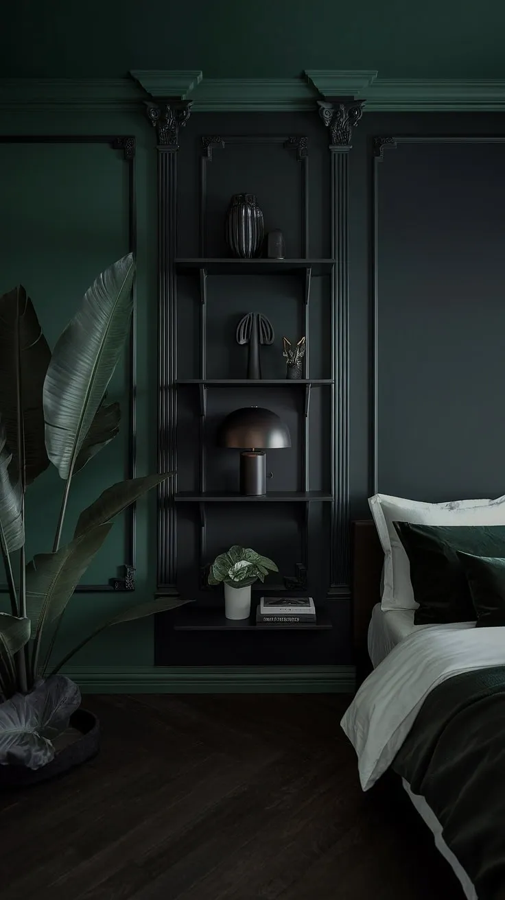 With its dark green walls, black accents, and lush plant, this moody bedroom offers inspiring dark green bedroom ideas for a stylish retreat.