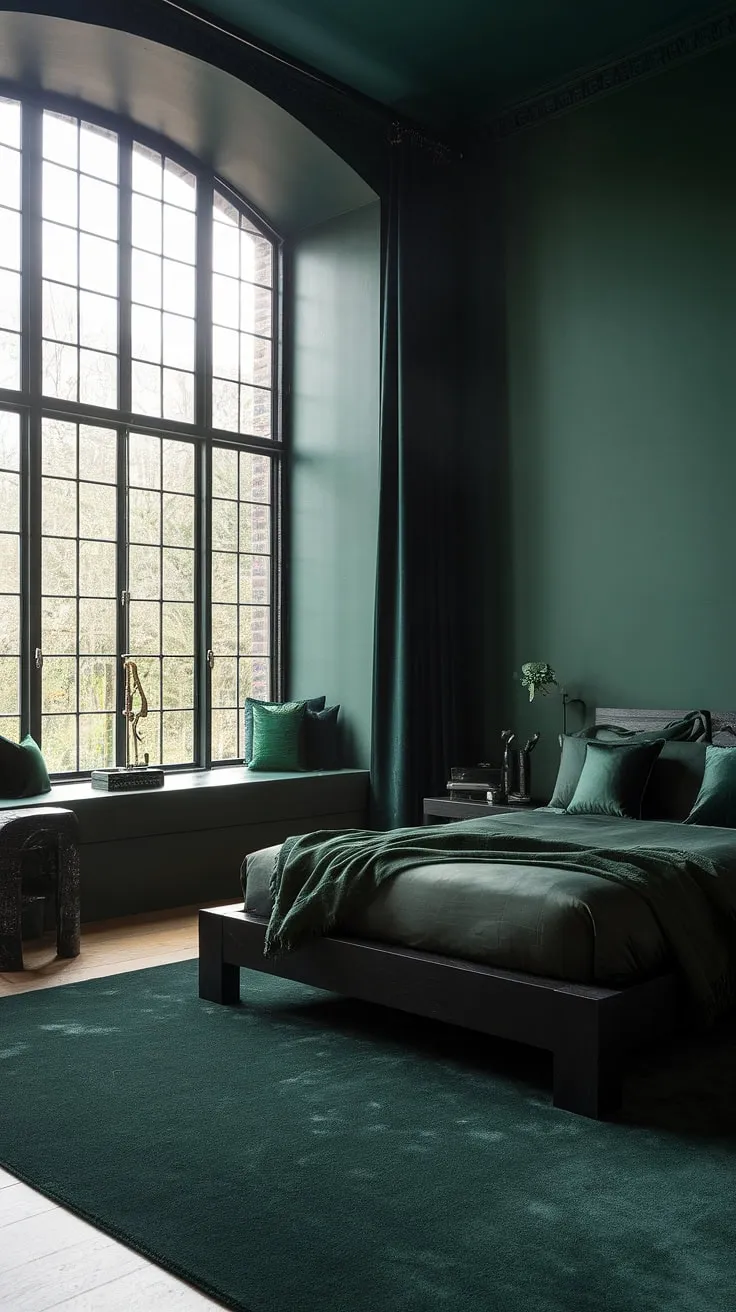 This moody dark green bedroom features a striking blend of black and dark green decor, showcasing high ceilings, natural light, and stylish dark home decor elements.