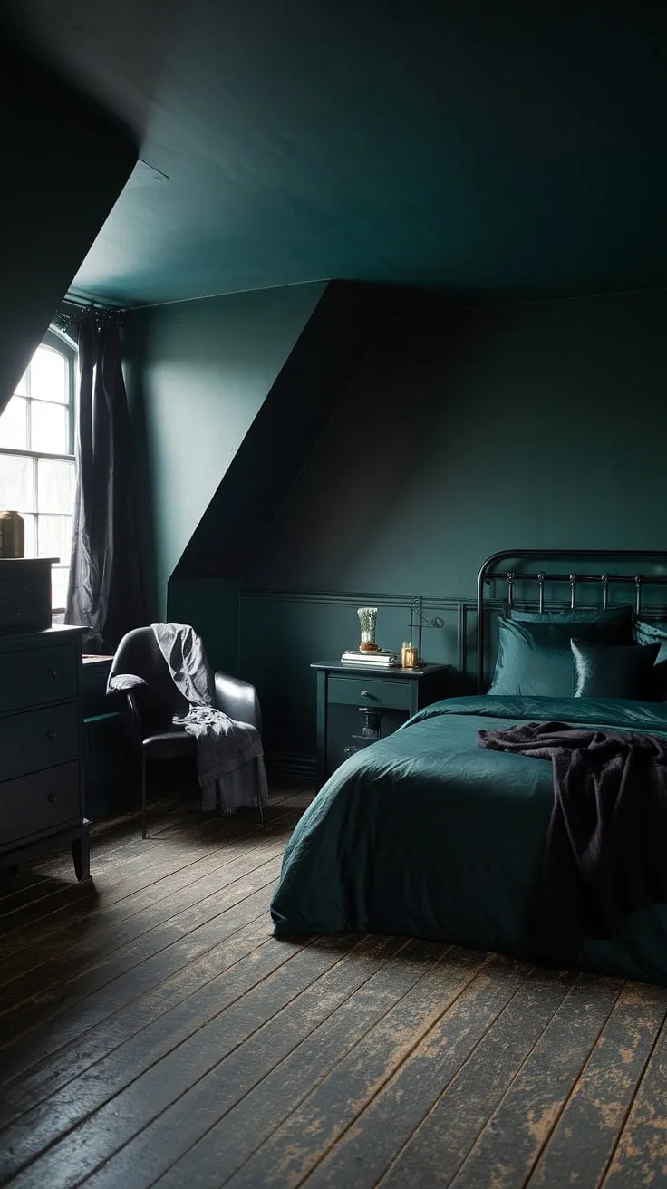 This moody dark green bedroom features black furniture and a sloping ceiling, creating a cozy atmosphere perfect for dark green room ideas and dark home decor.